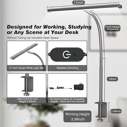 LED Desk Lamp for Office Home, Eye-Caring Desk Light with Stepless Dimming Adjustable Flexible Gooseneck, 10W USB Adapter Desk Lamp with Clamp for Reading, Study, Workbench (Grey)