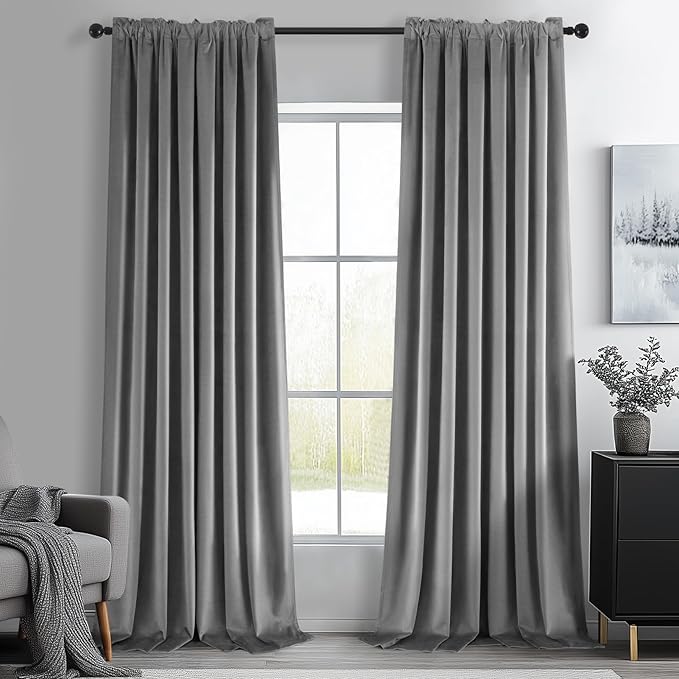 Topfinel Gray Velvet Blackout Curtains 84 Inches Long, Light Grey Room Darkening Thermal Insulated Soundproof Modern Heavy Thick Suede Back Tab Winter Drapes for Living Room Bedroom 2 Panels