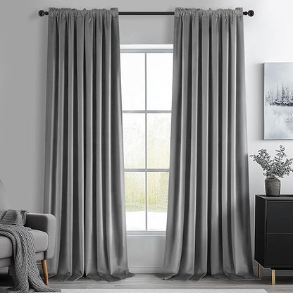 Topfinel Gray 96 Inches Long Velvet Room Darkening Curtains, Noise Reducing Black Out Grey Boho Thermal Insulated Light Blocking Privacy Warm Modern Curtains for Winter, 2 Panels with Hooks for Track