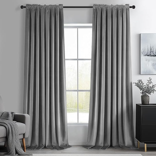 Topfinel Gray 96 Inches Long Velvet Room Darkening Curtains, Noise Reducing Black Out Grey Boho Thermal Insulated Light Blocking Privacy Warm Modern Curtains for Winter, 2 Panels with Hooks for Track