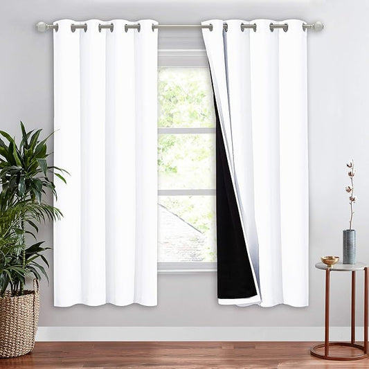 NICETOWN 100% Blackout Cold Blocking Window Curtain Panel, Full Light Blocking Drape with Black Liner for Nursery, 72-inch Drop Thermal Insulated Drapery (White, 1 Piece, 52-inch Wide Per Panel)