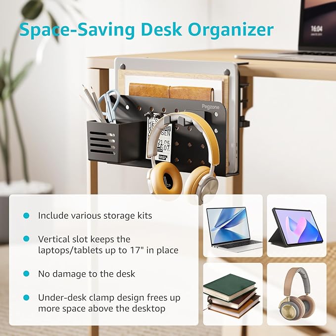 Desk Side Storage Organizer, No Drill Under Desk Laptop Holder, Clamp on Desk Shelf with Pegboard Accessories, Hanging Laptop Mount, Fits Flat Edge Desks 0.4" to 2.2", Black