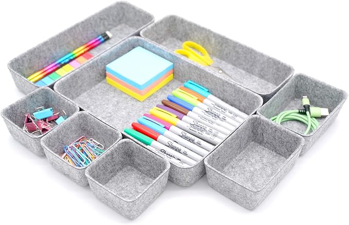 Welaxy Office Drawer Organizers Trays Drawers dividers Felt Storage Bins Organizer bin for Jewelry Cosmetic Makeup Junk Silverware pens Art Crafts Tools Sturdy Flexible Bins,Pack 8 (Gray)