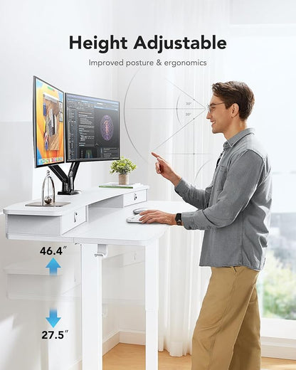 HUANUO 48″ x 24″ Electric Standing Desk with 2 Drawers, C-Clamp Mount Compatible, Height Adjustable Computer Desk, Home Office Stand Up Desk with 4 Preset Heights & 2 Hooks, White