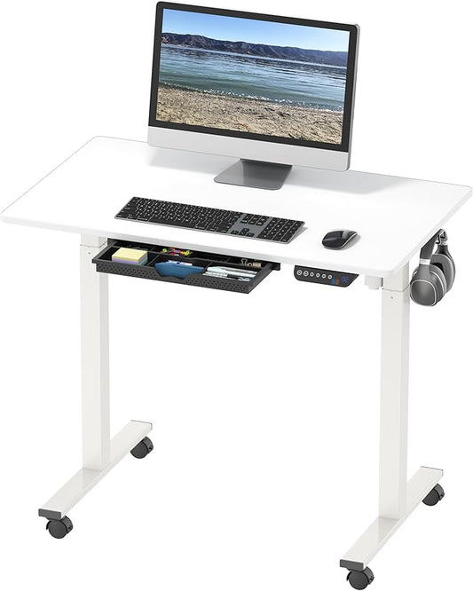 SHW Small Electric Height Adjustable Mobile Sit Stand Desk with Drawer, Hanging Hooks and Cable Management, 40 x 24 Inches, White