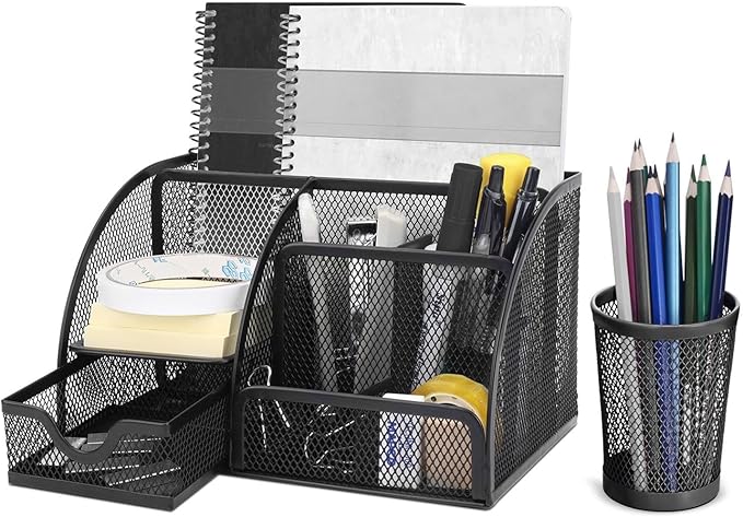 Flexzion Desk Top Caddy Organizer - Black Office Desk Accessories Organizer and Storage - Metal Mesh Desk with 6 Compartments, Drawer and Pen Holder