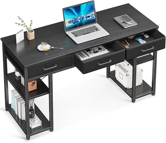 ODK Office Small Computer Desk: Home Table with Fabric Drawers & Storage Shelves, Modern Writing Desk, Black, 48"x16"