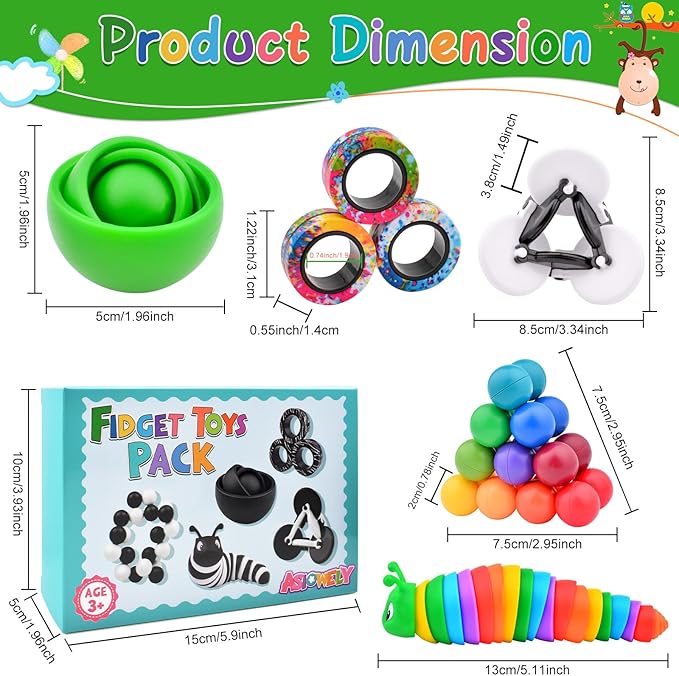 Fidget Toys Adults Pack, Green Sensory Toys Set for Kids, Fidget Spinner Slug Magnetic Rings, Cool Gadget Gift for Girls Boys Teens ADHD Autism Stress Relief Desk Toy Christmas Basket Stuffers