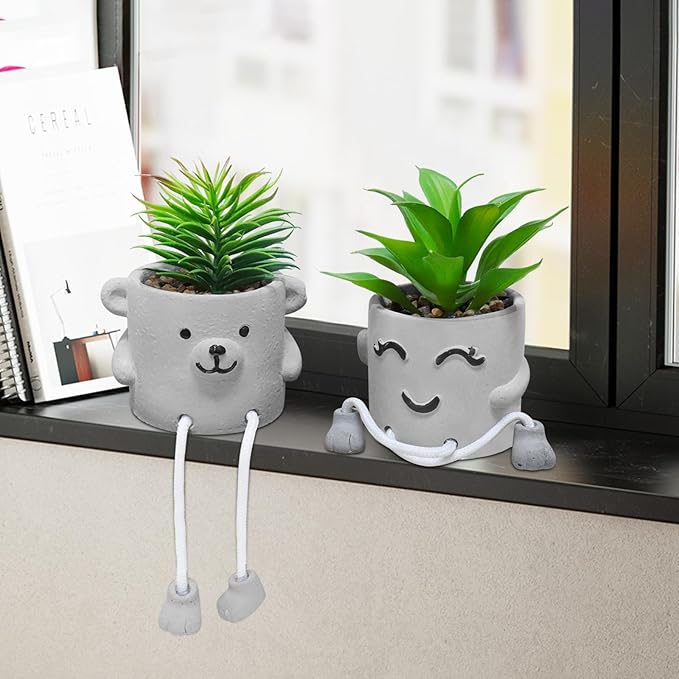 Zerzsy Faux Succulents in Cement Pots with Hanging Leg, Potted Mini Fake Plants for Office Desk Decor, Artificial Succulent Plants Indoor Decorations - Set of 2