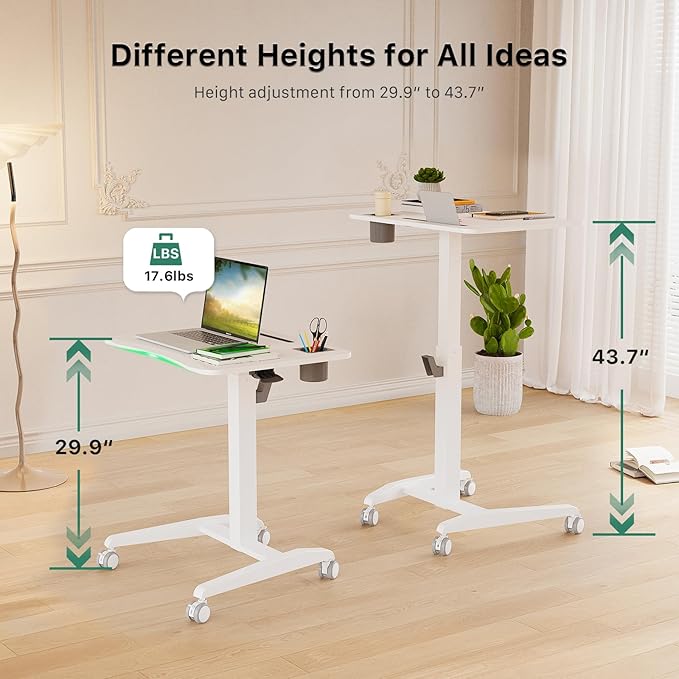 Mobile Standing Desk, Height Adjustable Rolling Laptop Desk, 27 inches Portable Sit Stand Desk with Wheels and Hook, Pneumatic Computer Table, White