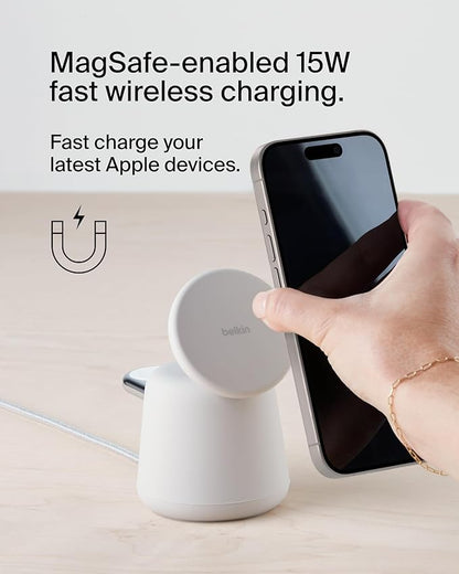 Belkin 2-in-1 MagSafe Wireless Charging Dock 15W Fast Charge iPhone Charger Compatible with iPhone 16, 15, 14, and 13 Series, AirPods, and Other MagSafe Enabled Devices, Includes Power Supply - Sand