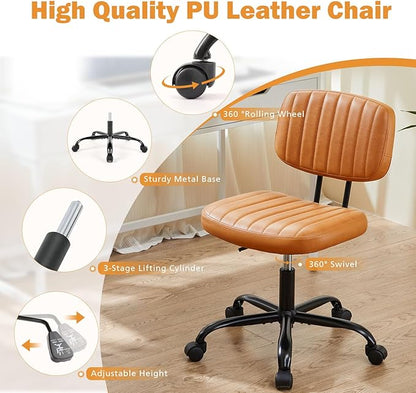 Sweetcrispy Small Office Desk Chair with Wheels Armless Comfy Computer Chair with Lumbar Support, PU Leather Low Back Adjustable Height 360° Rolling Swivel Task Chair Without Arm for Home, Bedroom