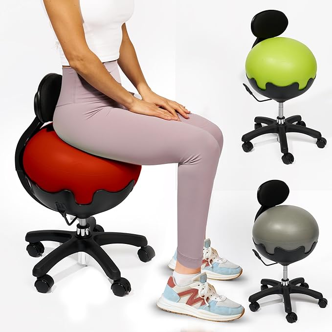 Aeromat Red Yoga Ball Chair with Back Support - Exercise Ball Chair for Office and Home Height Adjustable, Balance Ball Chair, Bouncy Chair Adult, Ergonomic Ball Office Chair, Sitting Ball for Desk