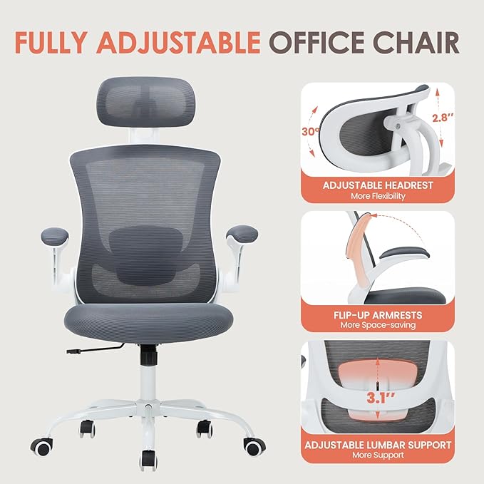 Ergonomic Mesh Office Chair, High Back Executive Desk Chair with Adjustable Headrest and Lumbar Support, Flip-Up Arms, Rocking, Swivel Rolling Computer Mesh Chair for Home Office-Grey