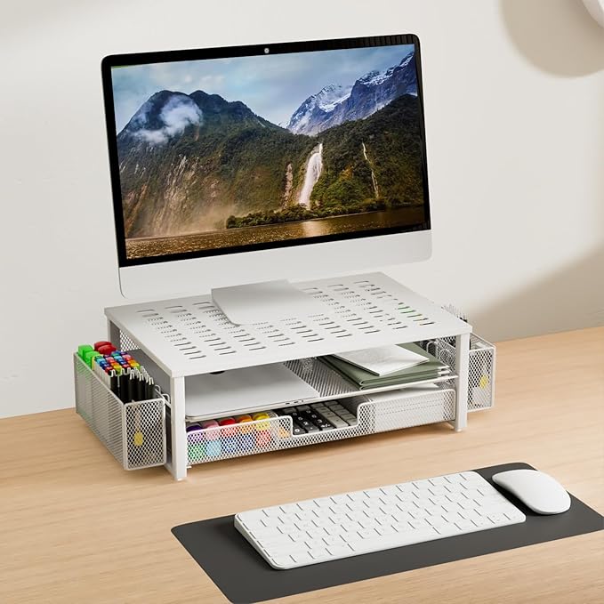 gianotter Monitor Stand Riser, Desk Organizer with Drawer and Pen Holder, 2-Tier Computer Stand, Desk Accessories & Workspace Organizers(White)