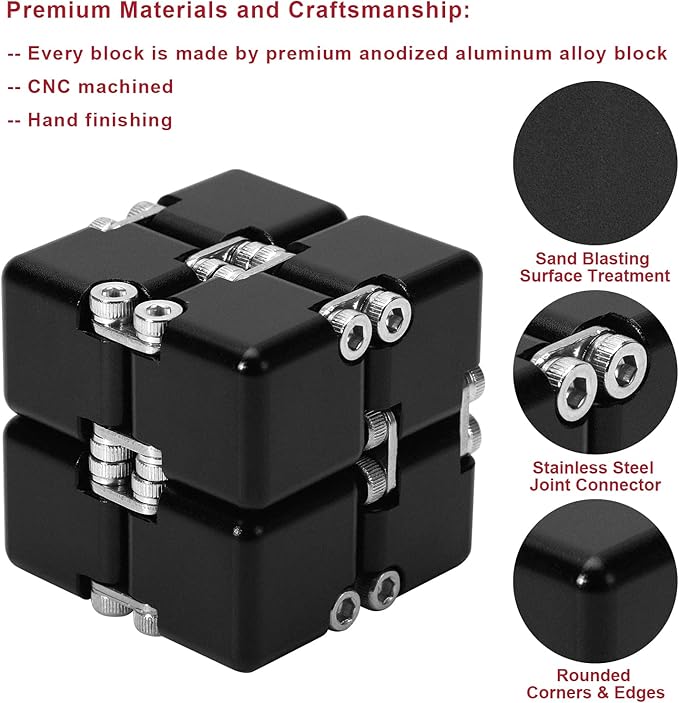 Aluminum Alloy Metal Infinity Cube Fidget Cube (6 Colors) Handheld Fidget Toy Desk Toy with Cool Case Infinity Magic Cube Relieve Stress Anxiety ADHD OCD for Kids and Adults (Black)