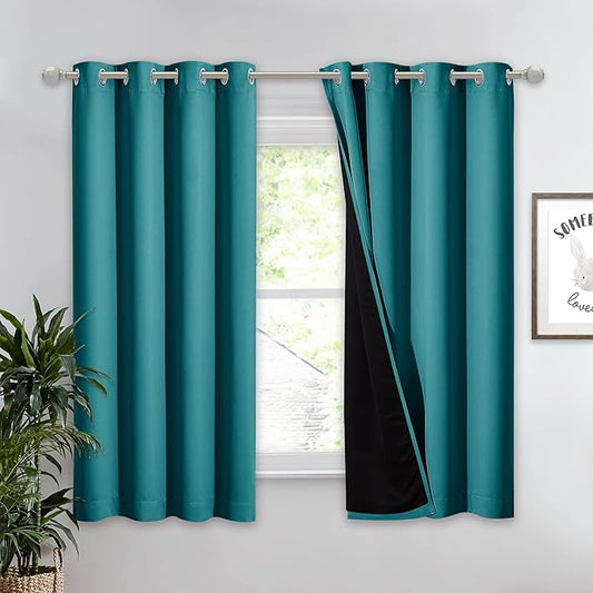 NICETOWN Peacock Teal 100% Blackout Lined Curtain, 2 Thick Layers Completely Blackout Window Treatment Thermal Insulated Drape for Kitchen/Bedroom (1 PC, 52 inches Width x 63 inches Length Each Panel)