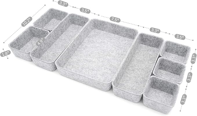 Welaxy Office Drawer Organizers Trays Drawers dividers Felt Storage Bins Organizer bin for Jewelry Cosmetic Makeup Junk Silverware pens Art Crafts Tools Sturdy Flexible Bins,Pack 8 (Gray)