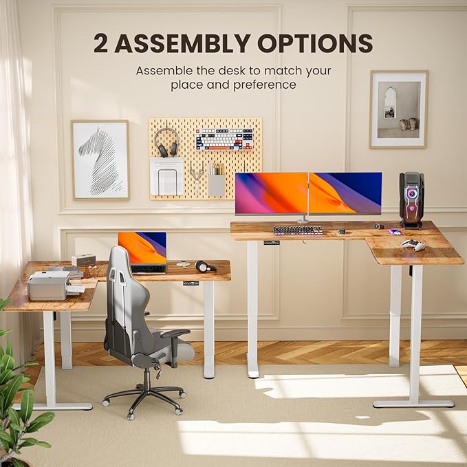 ErGear 63" x 55" Dual Motor L Shaped Standing Desk, Electric Height Adjustable, Extra Large Desktop, Interchangeable Installation of Left and Right Desktops, Suitable for Home Office, Light Vintage