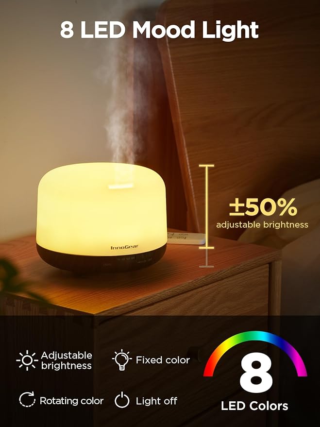 InnoGear 500ml Essential Oil Diffuser with Remote Control, Premium Ultrasonic Aromatherapy Diffusers Scent Humidifier Vaporizer Auto-Off Timer for Large Room Home, Brown