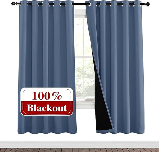 NICETOWN Full Shade Curtain Panels 72 inches Long, Pair of Energy Smart & Noise Blocking Out Blackout Drapes for Guest Room Window, Thermal Insulated Lined Window Dressing (Stone Blue, 62x72)