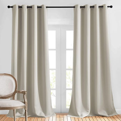 NICETOWN Room Darkening Curtains for Bedroom, Window Treatment Thermal Insulated Solid Grommet Window Treatments Sound Reducing for Living Room, Natural, Set of 2, W52 x L90