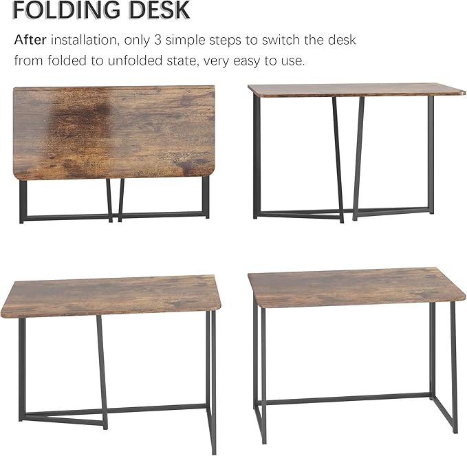 4NM 39.4" Small Folding Desk, Simple Assembly Computer Desk Home Office Desk Study Writing Table for Small Space Offices - Rustic Brown and Black