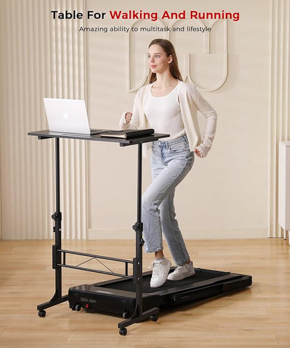 KLSMYHOKI Small Standing Desk Adjustable Height, Mobile Sit Stand up Desk Portable Rolling Desk with Wheels Standing Desk for Walking pad Treadmill Black