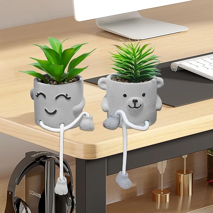 Zerzsy Faux Succulents in Cement Pots with Hanging Leg, Potted Mini Fake Plants for Office Desk Decor, Artificial Succulent Plants Indoor Decorations - Set of 2