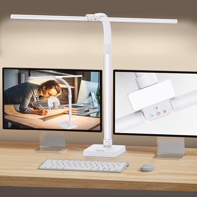 LED Desk Lamp for Home Office, 24W Bright Desk Lamp with Phone Holder Base - 25 Lighting Modes Eye-Caring Desk Light Adjustable Gooseneck Lamp for Workbench Drafting Reading Study-White