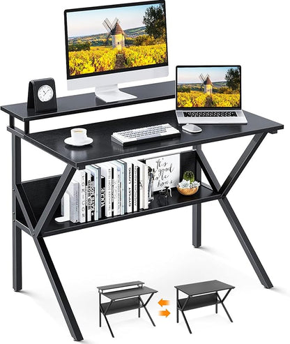 ODK Small Computer Desk, 27.5 Inch, Compact Tiny Study Desk with Storage and Monitor Stand for Home Office, Small Spaces, Black