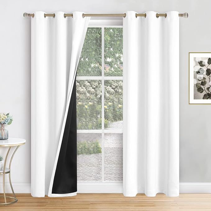 White Blackout Curtains for Living Room 84 Inch Length 2 Panels Set, Thermal Insulated 100% Light Blocking Soundproof Grommet Window Curtains for Bedroom with Black Liner, Each 42 Inch Wide