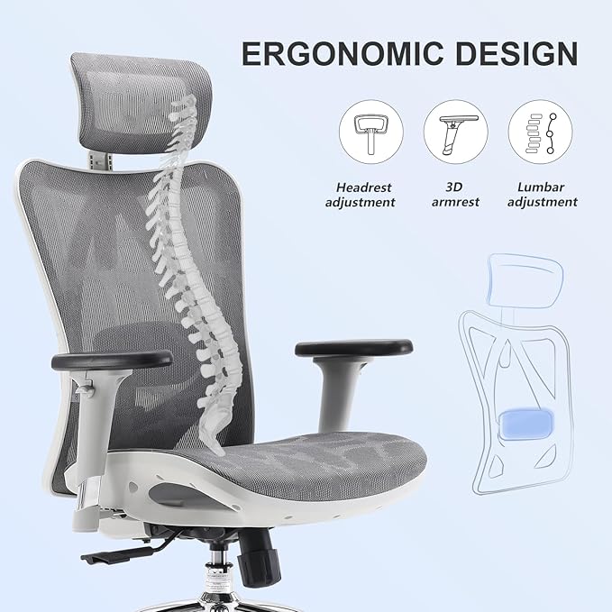 SIHOO M57 Ergonomic Office Chair with 3 Way Armrests Lumbar Support and Adjustable Headrest High Back Tilt Function Light Grey