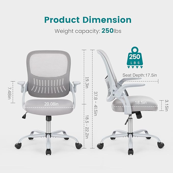 SMUG Home Office Desk Chair, Ergonomic Computer Managerial Executive Chairs Mid-Back Work Swivel Task Chairs with Wheels, Lumbar Support, Comfy Flip-up Armrest for Gaming, Study, Student