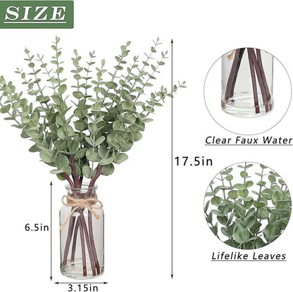 VIERENA 17.5" Artificial Eucalyptus Stems in Glass Vase with Faux Water,Fake Plant Eucalyptus Leaves White Seeds for Centerpiece Table Decorations Farmhouse Wedding Home Greenery Decor (Sage Green)