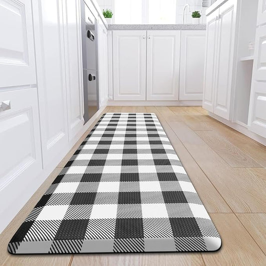 MAYHMYO Anti Fatigue Kitchen Rug Kitchen Floor Mat Cushioned Black and White Buffalo Plaid Kitchen Rugs and Mats Non Skid Waterproof Kitchen Mats for Floor Laundry Office Sink, 17.3"x59"