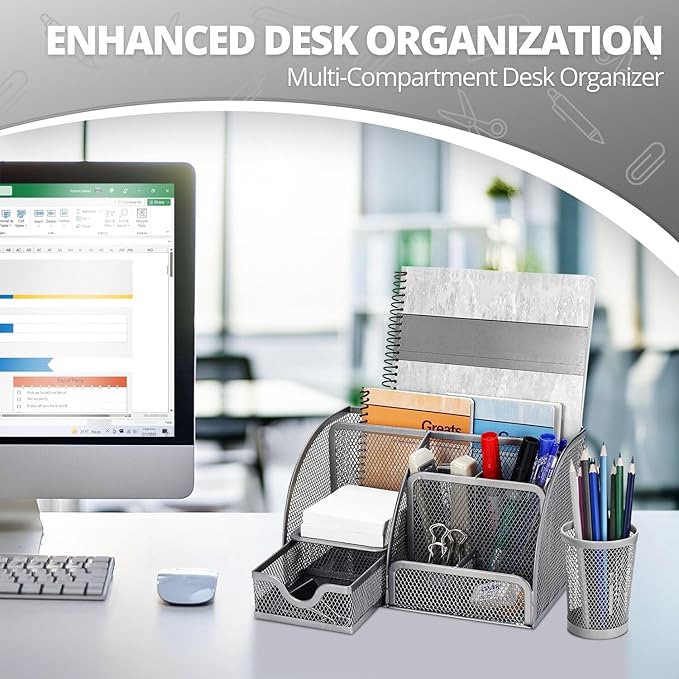 Flexzion Desk Organiser, Pen Holder, Office Organiser, Students Desk Accessories Made of Metal with Drawer and 6 Compartments, for Aesthetic Pens, Stapler, Folder Clips, Sticky Notes, Silver