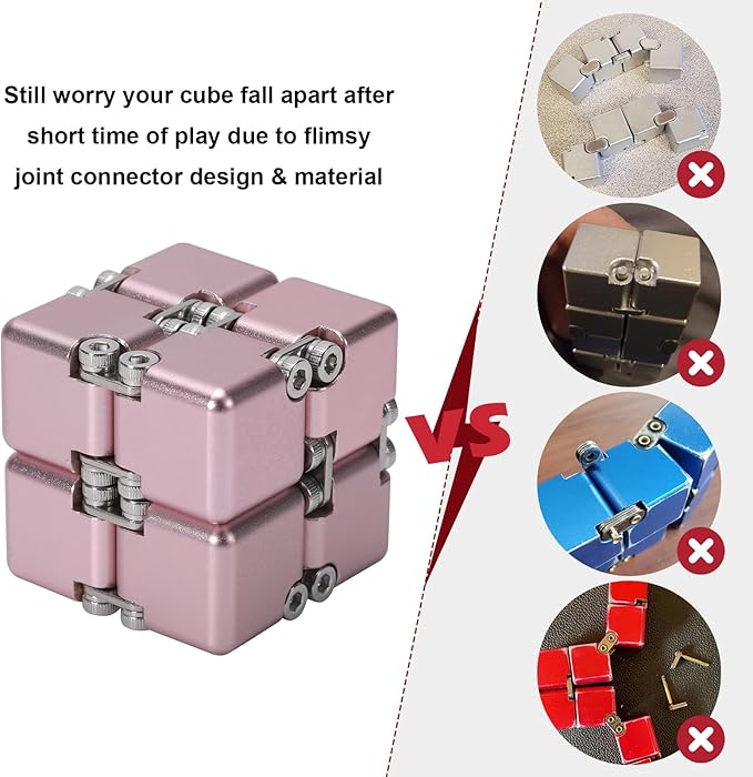 New Version Aluminum Alloy Metal Infinity Cube Fidget Cube Handheld Fidget Toy Desk Toy with Cool Case Infinity Magic Cube Relieve Stress Anxiety ADD ADHD OCD for Kids and Adults (Pink)