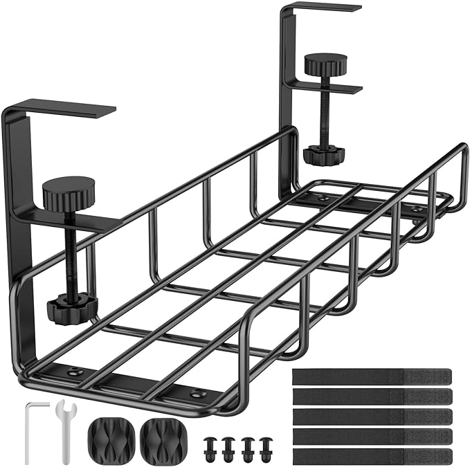 Under Desk Cable Management Tray, 15.7'' No Drill Steel Desk Cable Organizers, Wire Management Tray Cable Management Rack, Desk Cable Tray with Wire Organizer and Desk Cord Organizer