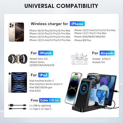 Wireless Charger for iPhone - 5 in 1 Charging Station for Multiple Devices Apple: Fast Wireless Charging Stand Dock for iPhone 16 15 14 13 12 Pro Max Apple Watch Airpods