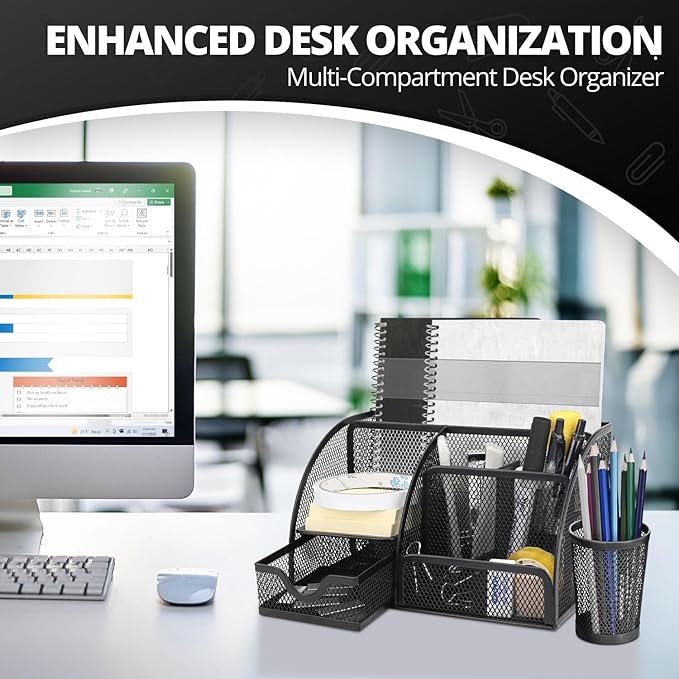 Flexzion Desk Top Caddy Organizer - Black Office Desk Accessories Organizer and Storage - Metal Mesh Desk with 6 Compartments, Drawer and Pen Holder