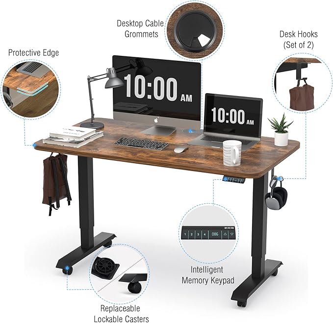 Monomi Electric Height Adjustable Standing Desk, 48x24 Inches, Ergonomic Home Office Sit/Stand Up Desk (Black Steel Frame/Rustic Brown Top)