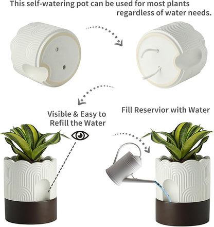 Nihow Self Watering Plant Pot: 6 Inch Ceramic Planter with Drainage Hole & Water Storage Plus - Relief Design Self Watering Pot for Indoor Plants - Beige & Brown Flower Pot