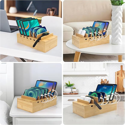 Bamboo Charging Station for Multiple Devices (Includes 5 Port USB Charger, 6 x Charge Cables), Upgrade Desk Docking Stations Organizer for iPhone Devices, Tablets, Laptop Holder Stand