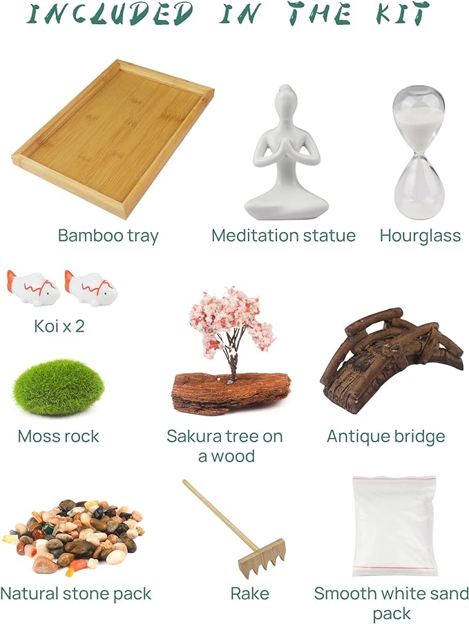 Melonva Japanese Zen Garden for Desk - Life Flows 12" x 8" Desktop Mini Zen Garden with White Sand Artificial Tree Rocks Rakes & Accessories - Meditation Zen Gifts Sand Tray Play Kit Zen Decor