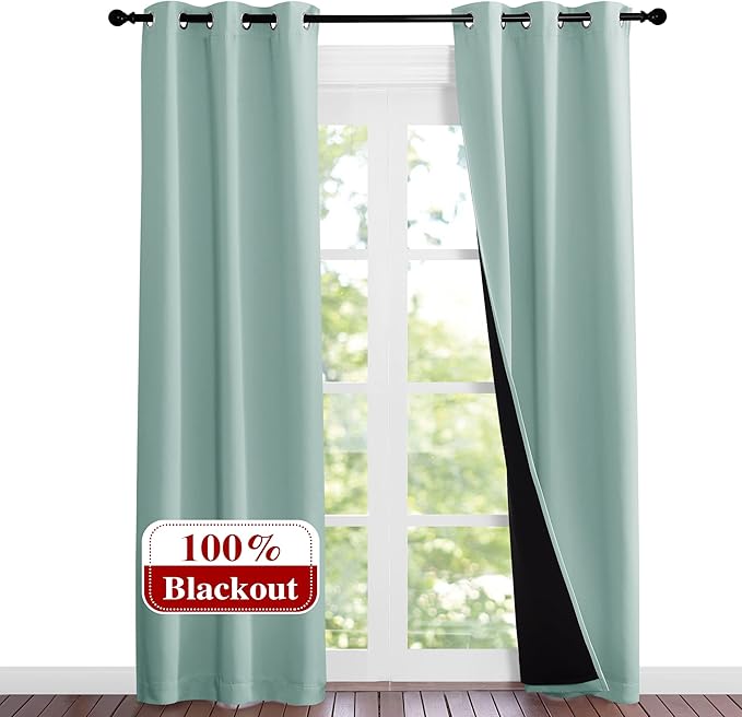 NICETOWN Aqua Blue Blackout Curtains 84 inches Long, Full Light Blocking Drapes with Black Liner for Nursery, Noise Reducing Thermal Insulated Draperies for Doorway (2 Pieces, 37" Wide Each Panel)