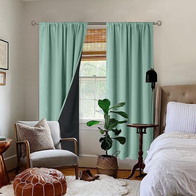 BGment 100% Blackout Curtains for Bedroom with Black Liner, Double Layer Full Room Darkening Noise Reducing and Thermal Insulated Rod Pocket Curtain (52 x 84 Inch, Frosty Green, 2 Panels)