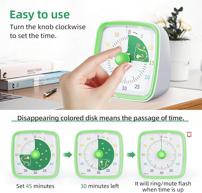 Yunbaoit Visual Timer with Night Light, 60-Minute Countdown Timer for Kids and Adults, Silent Classroom Timer, Pomodoro Timer with Dinosaur Pattern for Home, School, Kitchen, or Office (Green)