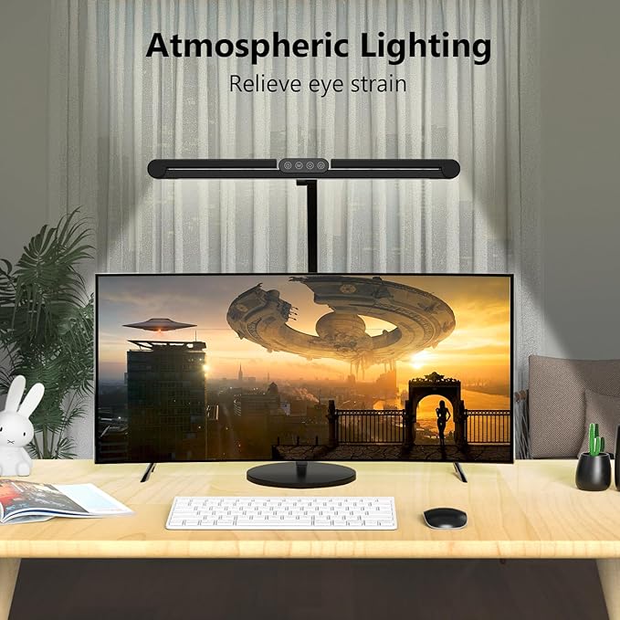 Micomlan Architect Desk Lamp with Atmosphere Lighting, Adjustable Led Desk Light for Home Office with Base, 24W Bright Auto Dimming Table Light with Rotatable Swing Arm for Workbench Computer