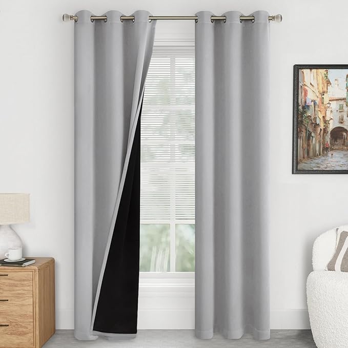 Light Grey Blackout Curtains 84 Inch Length 2 Panels Set for Living Room, Thermal Insulated 100% Light Blocking Soundproof Grommet Floor Length Double Layers Window Curtains, Each 38 Inch Wide